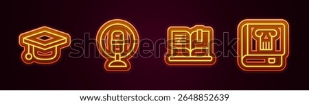 Set line Graduation cap, Microphone, Open book and History. Glowing neon icon. Vector