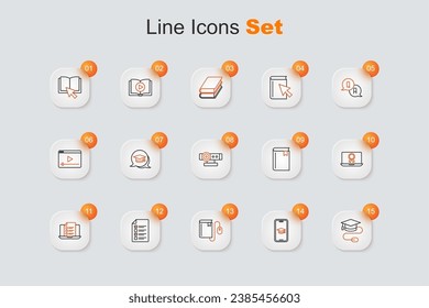 Set line Graduation cap with mouse, mobile, Electronic book, Online quiz, test, survey, education diploma, Book and Web camera icon. Vector
