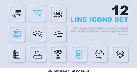 Fije el casquillo de la graduación de la línea con el ratón, el globo, el cursor, la prueba en línea, la prueba, la Encuesta, la manzana del libro, la educación y el icono de la taza del premio. Vector