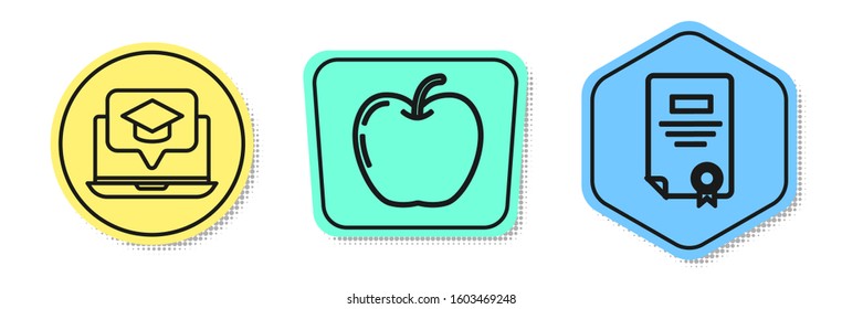 Set line Graduation cap on screen laptop, Apple and Certificate template. Colored shapes. Vector