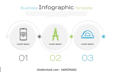 Set line Graduation cap on screen smartphone, Drawing compass and Protractor grid for measuring degrees. Business infographic template. Vector