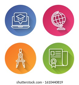 Set line Graduation cap on screen laptop, Earth globe, Drawing compass and Certificate template. Color circle button. Vector
