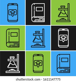 Set line Graduation cap on screen smartphone, Glass test tube flask on fire and Book icon. Vector