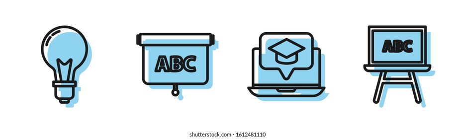 Set line Graduation cap on screen laptop, Light bulb with concept of idea, Chalkboard and Chalkboard icon. Vector