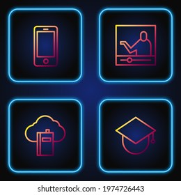 Set line Graduation cap on globe, Cloud or online library, Mobile phone and Online education. Gradient color icons. Vector