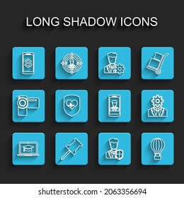 Set line Graduation cap on laptop, Push pin, Smartphone with dollar, User protection, Hot air balloon, Shield and heart rate, Head gear inside and contact icon. Vector