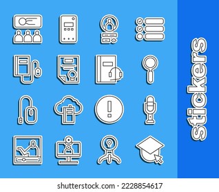 Fijar el tapón de graduación de línea en el globo, Micrófono, Vidrio de ampliación, Crear pantalla de cuenta, Plantilla de certificado, Libro electrónico con ratón, Entrenamiento, presentación e icono de audio. Vector