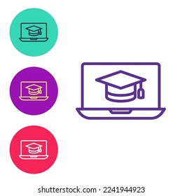 Fijar el tapón de graduación de línea en el icono del portátil de pantalla aislado en el fondo blanco. Aprendizaje en línea o concepto de e-learning. Indique los iconos en colores. Vector