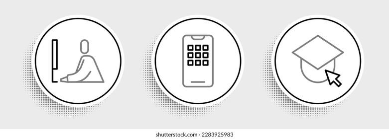 Set line Graduation cap on globe, Student working laptop and Mobile phone icon. Vector