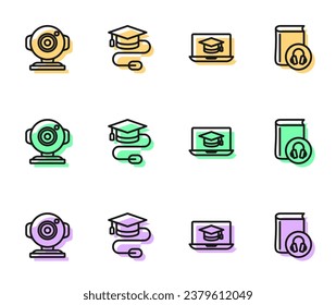 Fijar el tapón de graduación de línea en el portátil, la cámara web, con el icono del ratón y del libro de audio. Vector