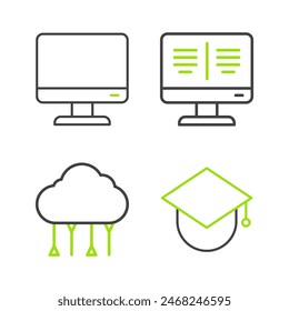 Set line Graduation cap on globe, Network cloud connection, Online book monitor and Computer screen icon. Vector