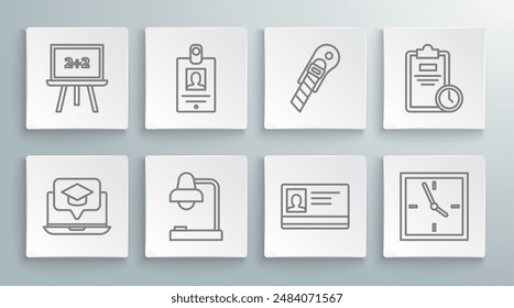 Set line Graduation cap on screen laptop, Identification badge, Table lamp, Clock, Stationery knife, Exam sheet with clock and Chalkboard icon. Vector
