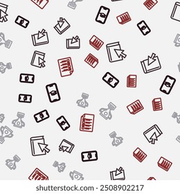 Set line Graduation cap on mobile, Online book, Award cup and quiz, test, survey on seamless pattern. Vector