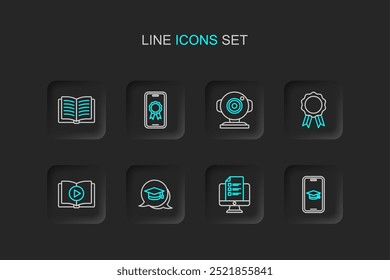 Set line Graduation cap on mobile, Online quiz, test, survey, speech bubble, Audio book, education with diploma, Web camera,  and Open icon. Vector