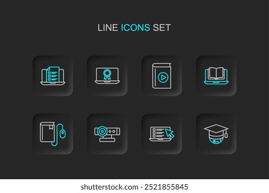 Set line Graduation cap on globe, Online quiz, test, survey, Web camera, Electronic book with mouse, class, Audio, education diploma and  icon. Vector