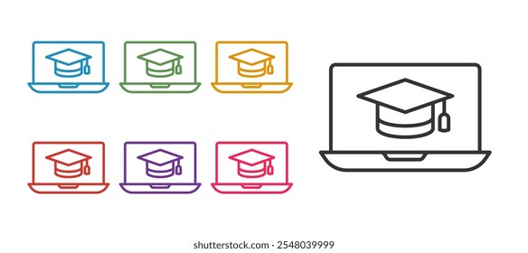 Definir linha Capa de graduação na tela ícone do laptop isolado no fundo branco. Conceito de aprendizagem online ou e-learning. Defina os ícones com cores. Vetor