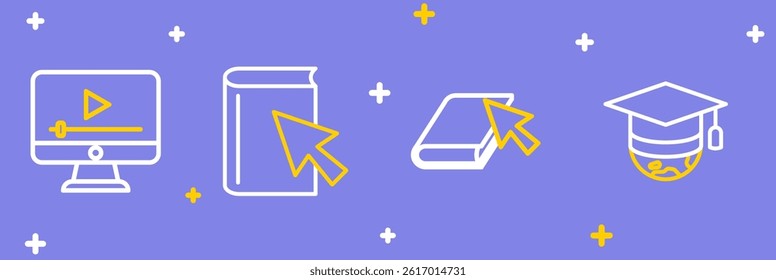 Set line Graduation cap on globe, Online book,  and play video icon. Vector