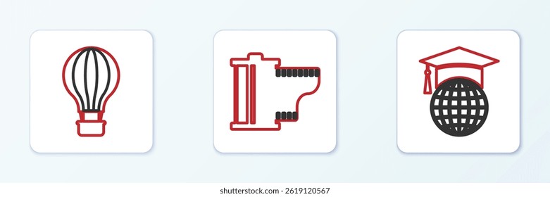 Set line Graduation cap on globe, Hot air balloon and Camera film roll cartridge icon. Vector