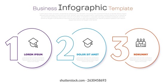 Set line Graduation cap on globe,  and Online class. Business infographic template. Vector