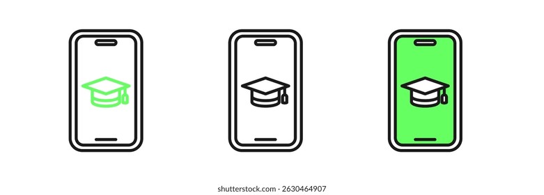 Definir linha Capa de graduação na tela ícone do smartphone isolado no fundo branco. Conceito de aprendizagem online ou e-learning.  Vetor