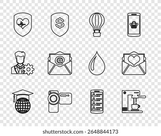 Set line Boné de graduação no globo, máquina de café e xícara, Balão de ar quente, Câmera de cinema, Escudo ritmo cardíaco, E-mail de correio, Smartphone com contatos e Envelope Valentine ícone. Vetor
