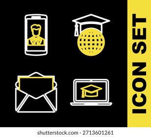 Set Linie Graduation Cap auf Globus, Laptop, Mail und E-Mail und Smartphone mit Kontaktsymbol. Vektorgrafik