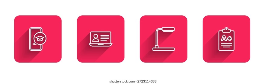 Fije el casquillo de la graduación de la línea en el móvil, clase en línea, lámpara de mesa y hoja del examen con el grado de A plus con la sombra larga. Botón cuadrado rojo. Vector