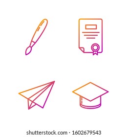 Set line Graduation cap, Paper airplane, Paint brush and Certificate template. Gradient color icons. Vector