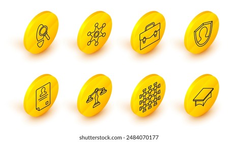 Set line Graduation cap, Prison window, Scales of justice, Identification badge, User protection, Briefcase, Hexagram sheriff and Magnifying glass with footsteps icon. Vector