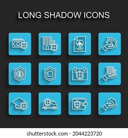 Set line Graduation cap with shield, Car, Money, Wallet, Hand holding fire, House, insurance and Calendar icon. Vector