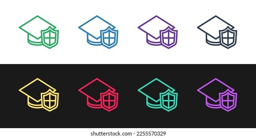 Set line Graduation cap with shield icon isolated on black and white background. Insurance concept. Security, safety, protection, protect concept.  Vector