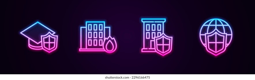 Set line Graduation cap with shield, Fire in burning house, House and Shield world globe. Glowing neon icon. Vector