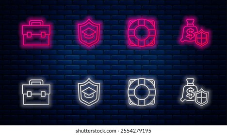 Set line Graduation cap with shield, Lifebuoy, Briefcase and Money. Glowing neon icon on brick wall. Vector