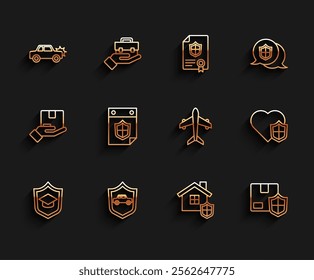 Set line Graduation cap with shield, Car, House, Delivery security, Calendar, Life insurance and Plane icon. Vector