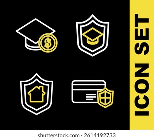 Set line Graduation cap with shield, Credit card, House and and coin icon. Vector