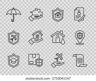 Set line Graduation cap with shield, Document, House, Delivery security, Umbrella, in hand, Plane and Location icon. Vector