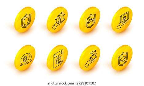 Set line Graduation cap with shield, Umbrella in hand, Calendar, Location, Safe, Car, House and Life insurance icon. Vector