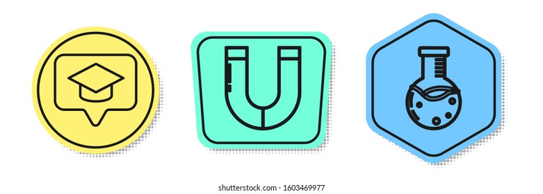Set line Graduation cap in speech bubble, Magnet and Test tube and flask chemical laboratory. Colored shapes. Vector