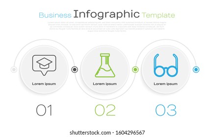 Set line Graduation cap in speech bubble, Test tube and flask chemical laboratory and Glasses. Business infographic template. Vector