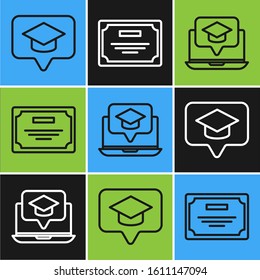 Set line Graduation cap in speech bubble, Graduation cap on screen laptop and Certificate template icon. Vector