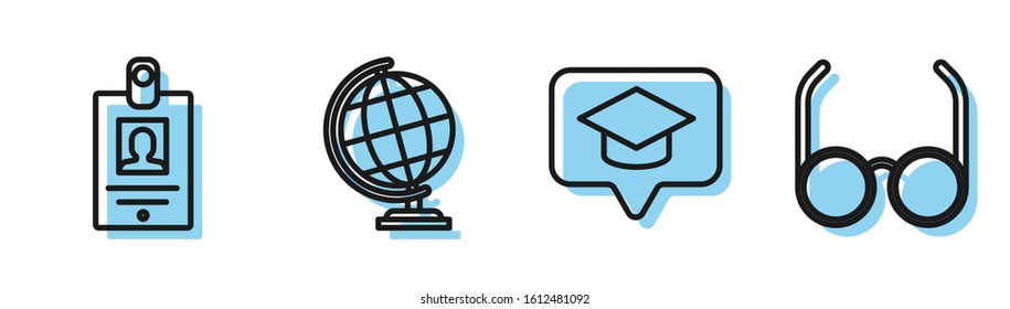 Set line Graduation cap in speech bubble, Identification badge, Earth globe and Glasses icon. Vector