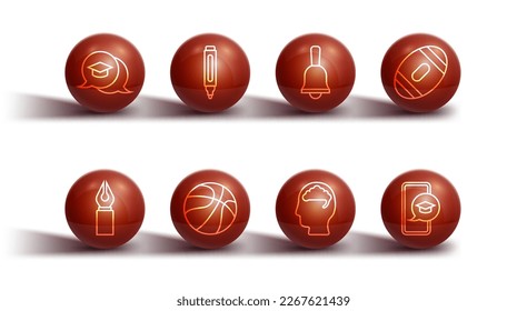 Set line Graduation cap in speech bubble, Fountain pen nib, American Football ball, Human brain, Basketball, Marker, mobile and Ringing bell icon. Vector