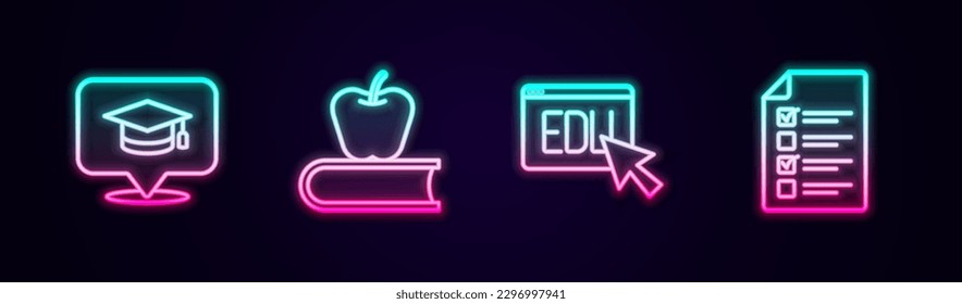 Fijar el límite de graduación en la burbuja del habla, Libro con manzana, Educación en línea y test, test, encuesta. Icono de neón brillante. Vector