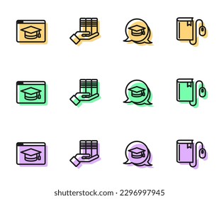 Set line Graduation cap in speech bubble, Online education, Book donation and Electronic book with mouse icon. Vector
