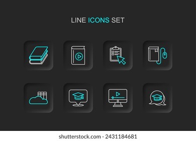 Set line Graduation cap in speech bubble, Online play video, Cloud or online library, Electronic book with mouse, quiz, test, survey, Audio and Book icon. Vector