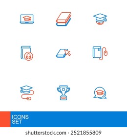 Set line Graduation cap in speech bubble, Award cup, with mouse, Electronic book, Audio, Online, globe and Book icon. Vector