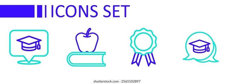 Set line Graduation cap in speech bubble, Online education with diploma, Book apple and  icon. Vector