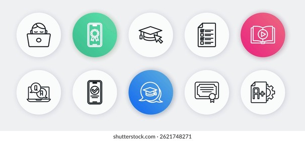 Set line Graduation cap in speech bubble, Audio book, Question and Answer, Certificate template, Online quiz, test, survey, with cursor, Exam sheet plus grade and  icon. Vector
