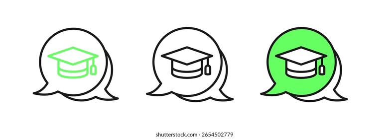 Set line Graduation cap in speech bubble icon isolated on white background. Graduation hat with tassel icon.  Vector