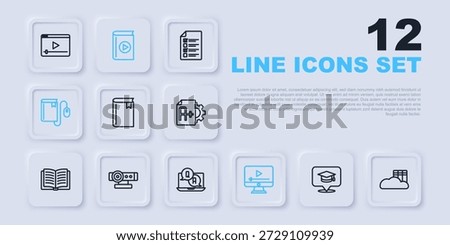 Set line Graduation cap in speech bubble, Cloud or online library, Book, Online play video, Electronic book with mouse, Web camera, Audio and Question and Answer icon. Vector